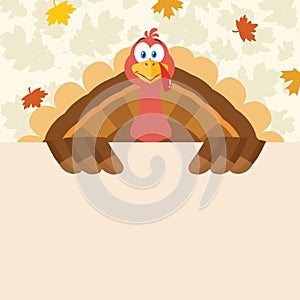 Happy Thanksgiving Turkey Bird Cartoon Mascot Character Holding A Blank Sign