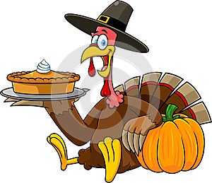 Happy Thanksgiving Turkey Pilgrim Cartoon Characters Sitting Holding A Pumpkin Pie