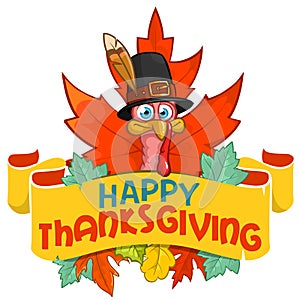 Happy thanksgiving turkey in pilgrim hat with autumn leaves