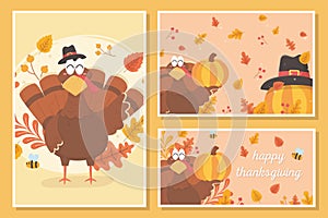 Happy thanksgiving turkey with pilgrim hat leaves pumpkin celebration cards