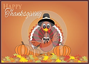 Happy Thanksgiving Turkey with Pumpkins, Fall Leaves and Brown gratual background