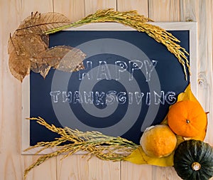 Happy Thanksgiving word cloud on a vintage slate blackboard.