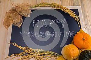 Happy Thanksgiving word cloud on a vintage slate blackboard.