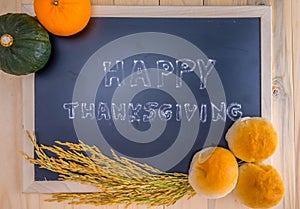 Happy Thanksgiving word cloud on a vintage slate blackboard.