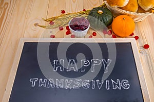 Happy Thanksgiving word cloud on a vintage slate blackboard.