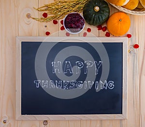 Happy Thanksgiving word cloud on a vintage slate blackboard.