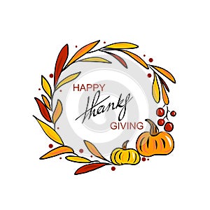 Happy thanksgiving wreath on white background.