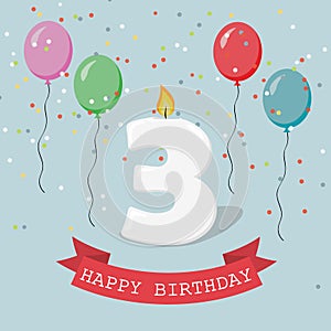 Happy third Birthday anniversary greeting card with number Three