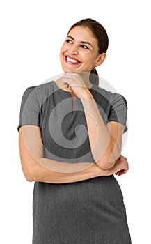 Happy Thoughtful Businesswoman With Hand On Chin