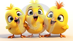 Happy three cartoon little chicks in a row, each with a cheerful smile. Funny yellow birds. Isolated on white background