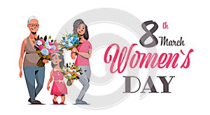 Happy three generations women holding bouquet of flowers international 8 march day celebrating concept female cartoon