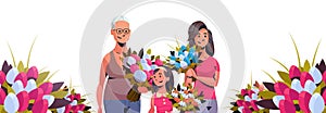 Happy three generations women holding bouquet of tulip flowers international 8 march day celebrating concept female