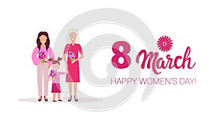 Happy three generations women holding flowers international 8 march day celebrating concept female cartoon characters