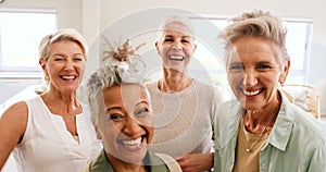 Happy, thumbs up and portrait of senior women in retirement having fun together in modern home. Happiness, diversity and