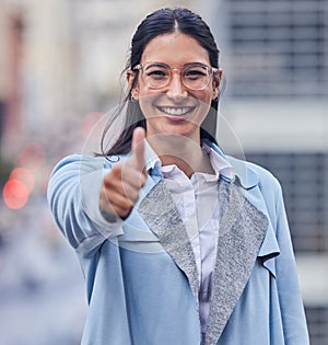 Happy, thumbs up and portrait of woman in city, street or worker thank you for business onboarding. Hand, sign and we