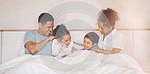 Happy, tickle and relax with family in bedroom for playful, morning and love. Care, support and wake up with parents and