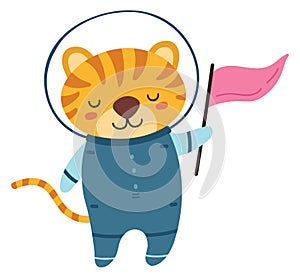 Happy tiger astronaut with flag. Space explorer character