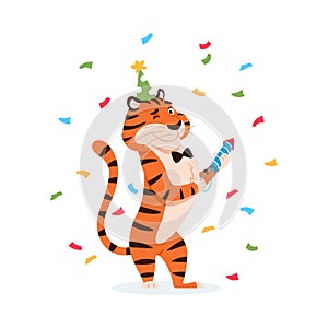 Happy tiger in party hat with firework cracker.