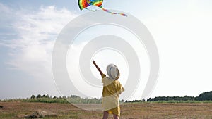 Happy time, beautiful little girl have fun playing with kite in field during summer weekend in forest against blue sky