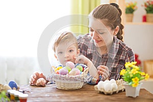 Happy time while painting easter eggs. Easter concept. Happy mother and her cute child getting ready for Easter by