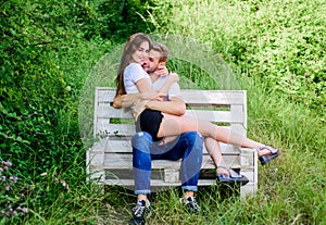 Happy to be together. couple in love. Happiness. man with woman in park. happy valentines day. summer camping in forest