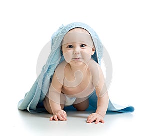 Happy toddler baby in diaper covered bathin towel. Isolated on white photo