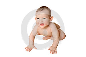 Happy toddler baby plays laughing, isolated on a white background. Fu
