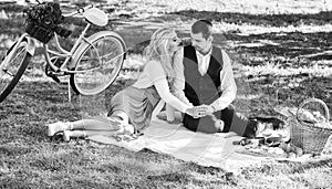 Happy together. Anniversary concept. My darling. Idyllic moment. Man and woman in love. Picnic time. Spring date