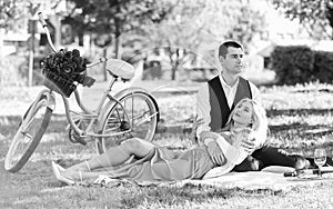 Happy together. My darling. Idyllic moment. Man and woman in love. Picnic time. Spring date. Playful couple having