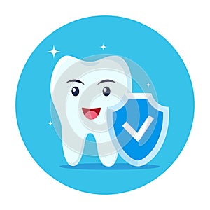 Happy tooth character and shield. Shiny white tooth being protected by shield icon. Dental health concept. Vector illustration