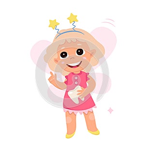 Happy tooth fairy holding lost molar from mouth of baby, princess with pink wings