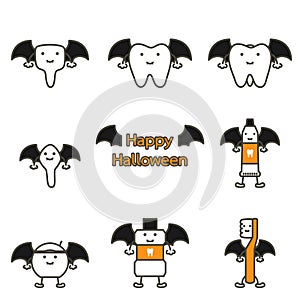 Happy tooth, toothbrush, toothpaste, mouthwash and dental floss with bat wing and vampire fang for Happy Halloween