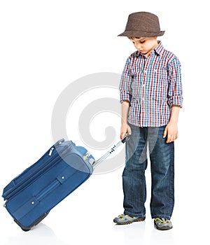 Happy tourist boy . Isolated over white background