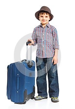 Happy tourist boy . Isolated over white background