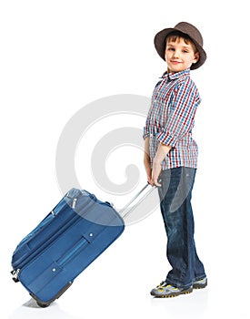 Happy tourist boy. Isolated over white background