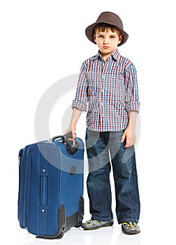 Happy tourist boy. Isolated over white background