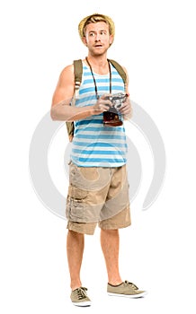 Happy tourist holding retro camera isolated on white