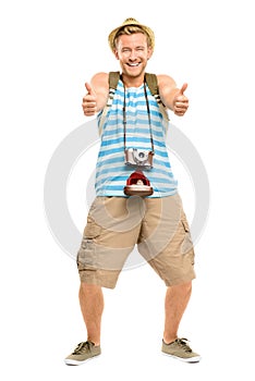 Happy tourist holding retro camera isolated on white