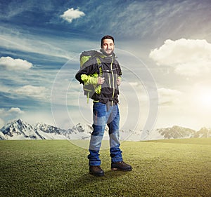 Happy tourist with knapsack