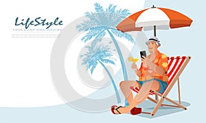 Happy tourist senior man wear beach shirt hat sit on deckchair with cocktail in hand , holiday on vacation banner. relaxing sea