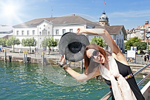 Happy tourist woman