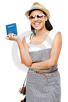 Happy tourist woman holding American Passport isolated white background