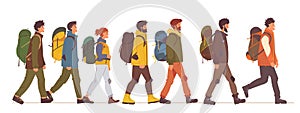 Happy tourists with backpacks walking in line. For hiking and climbing activity. Flat illustration. Horizontal banner