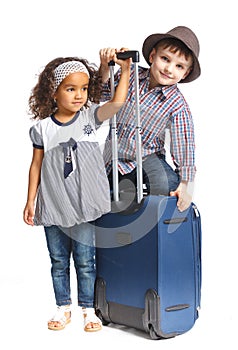 Happy tourists. Isolated over white background