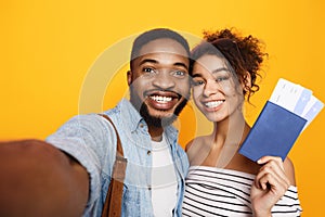 Happy Tourists Making Selfie Holding Tickets Posing, Studio Shot