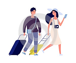 Happy tourists. Summer vacation, weekend travel couple with suitcases. Flat woman man with bags vector characters