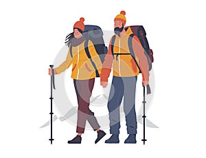 Happy tourists on top of the mountain. Happy family. Hiking and climbing activity. Flat illustration for web design