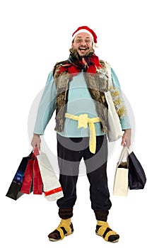 Happy tramp with shopping bags