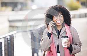 Happy, travel or black woman with phone call for contact us, speaking or networking in London street. Smile, 5g network