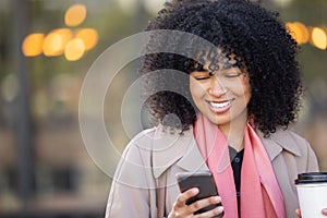 Happy, travel or black woman with phone for networking, social media or communication in London street. Search, smile or